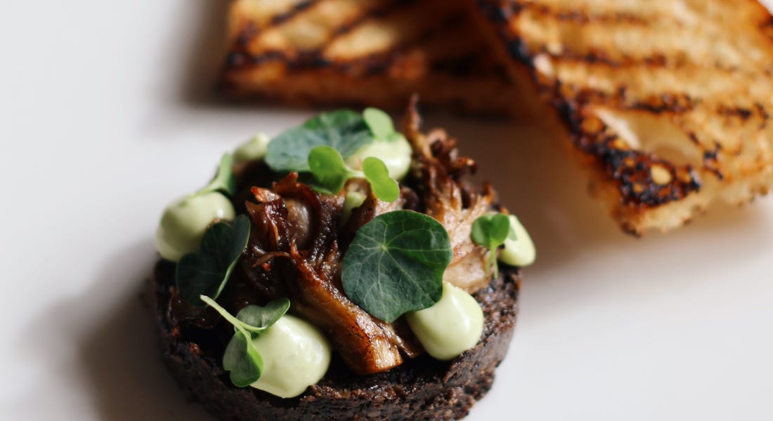 A white plate of mushroom pate with leaves on top and toasted bread next to it