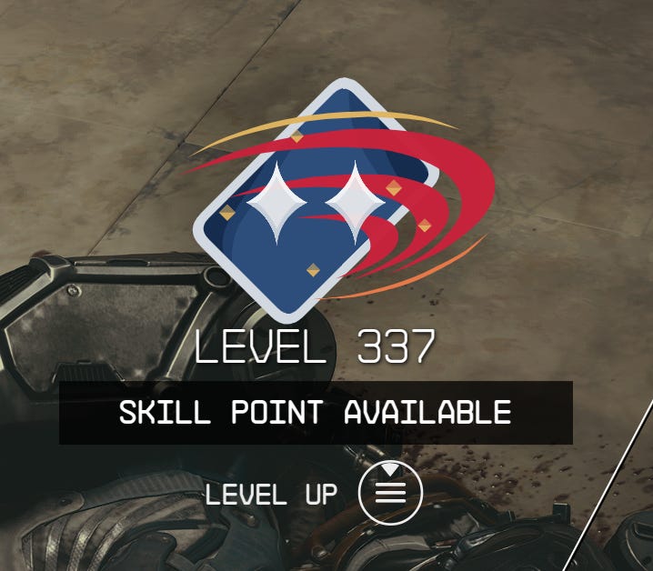 A level-up notification from Starfield for level 337, announcing "skill point available" as though it actually matters in any way