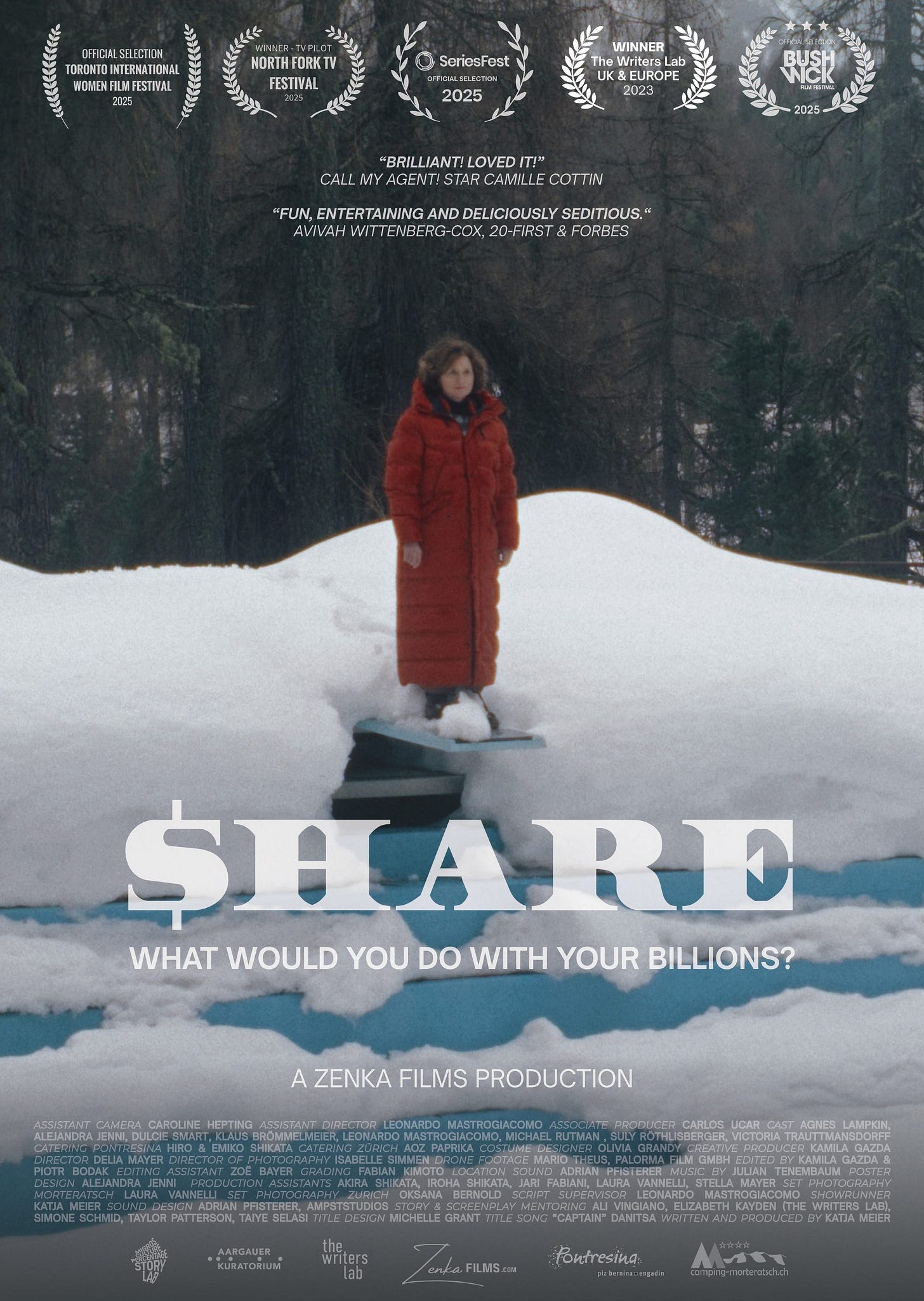 A film poster with festival laurels showing a woman in a red coat standing on a springboard atop a snow-covered pool