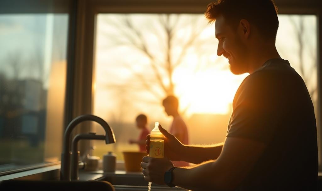 A Dad washing a baby bottle in the sink while his kids play in the background