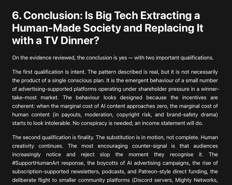 The question is whether AI is being deployed less as a productivity miracle for humanity and more as an industrial substitute for a creator economy that the platforms themselves had already broken.