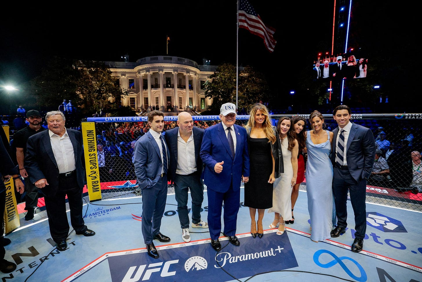 President Trump, first lady Melania Trump, UFC CEO Dana White and other guests pose inside the Octagon at UFC Freedom 250 on the South Lawn of the White House, June 15. President Trump, first lady Melania Trump, UFC CEO Dana White and other guests pose inside the Octagon at UFC Freedom 250 on the South Lawn of the White House, June 15.