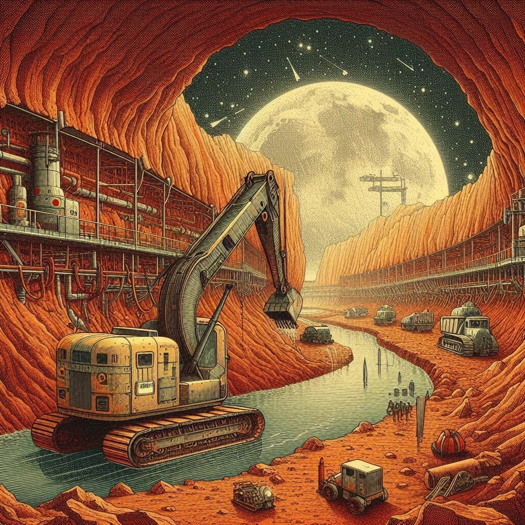 underground river on Mars, construction equipment, 60s sci-fi drawing underground river on Mars, construction equipment, 60s sci-fi drawing
