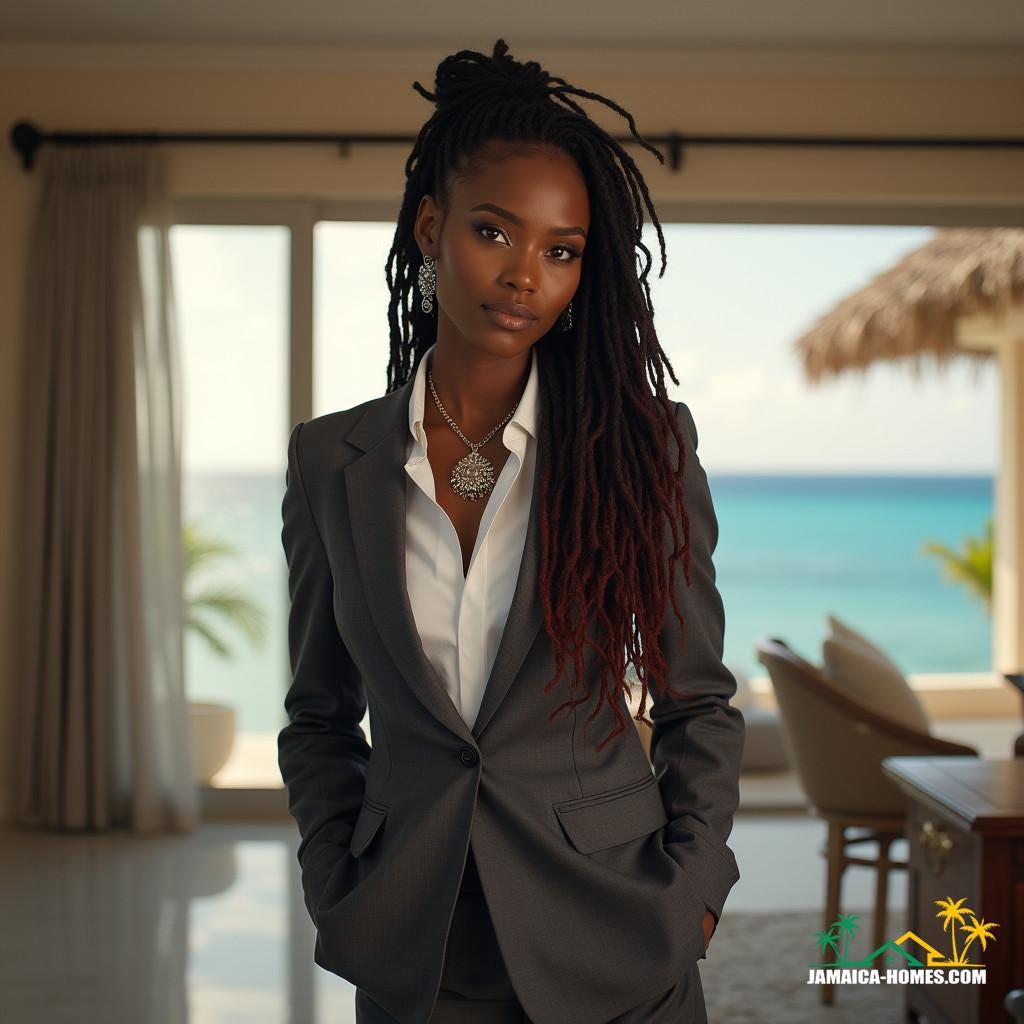 A stunning, confident real estate agent with flawless dark skin and vibrant dreadlocks cascading down to their waistline, dressed in a tailored, charcoal grey suit with a crisp white shirt and a statement piece of Jamaican-inspired jewelry, standing in a luxurious, modern Jamaican villa with a breathtaking ocean view, exuding an air of sophistication and expertise.