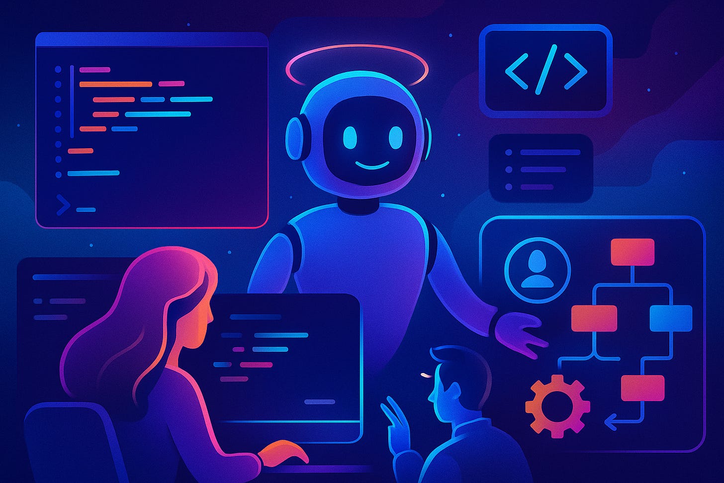 Illustration of Claude Code AI agent assisting developers in a terminal environment managing code and automation tasks.