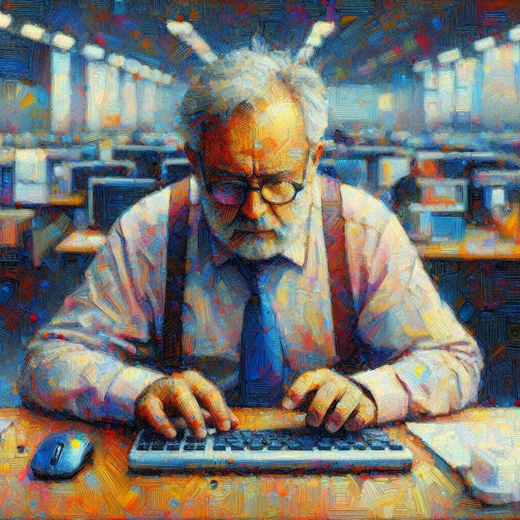 an impressionistic painting of an older, fatter spectacled bureaucrat hunched over a computer in a multitude of colors an impressionistic painting of an older, fatter spectacled bureaucrat hunched over a computer in a multitude of colors