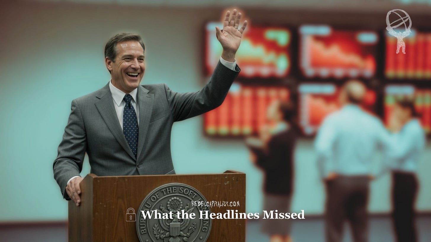 Smiling politician at podium with stock market screens showing red decline