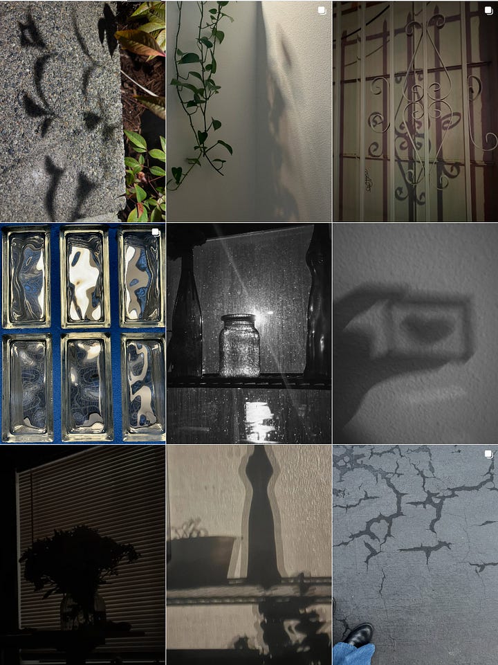 on the left, a grid of pictures full of sun and shadows during the day. on the right, darker themed pictures of shadows in the night