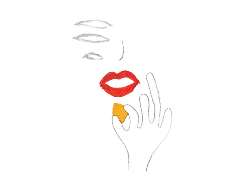 An illustration of a three-eyed person with red lips snacking on a yellow date with round, long, tentacle-like fingers.
