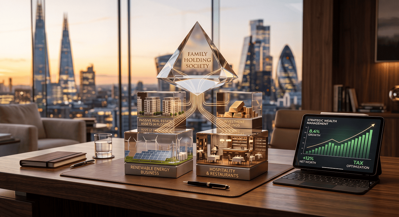 Fotografía hiperrealista y de estilo premium conceptualizando una estructura Holding familiar. En un despacho de alta dirección con vistas desenfocadas a un skyline de ciudad al atardecer, sobre una mesa de madera pulida, destaca una geométrica estructura de cristal macizo. Un gran prisma superior (que representa la Sociedad Holding) se interconecta mediante finas líneas de luz dorada con dos cubos inferiores: uno contiene una miniatura de paneles solares fotovoltaicos y el otro elementos de un restaurante elegante, ilustrando la separación de negocios y la protección del patrimonio pasivo (los 4 pisos y fondos de inversión). Al lado, una tablet muestra gráficos financieros ascendentes. La iluminación es cinematográfica y la profundidad de campo selectiva, evocando orden, solidez y planificación fiscal avanzada. Fotografía hiperrealista y de estilo premium conceptualizando una estructura Holding familiar. En un despacho de alta dirección con vistas desenfocadas a un skyline de ciudad al atardecer, sobre una mesa de madera pulida, destaca una geométrica estructura de cristal macizo. Un gran prisma superior (que representa la Sociedad Holding) se interconecta mediante finas líneas de luz dorada con dos cubos inferiores: uno contiene una miniatura de paneles solares fotovoltaicos y el otro elementos de un restaurante elegante, ilustrando la separación de negocios y la protección del patrimonio pasivo (los 4 pisos y fondos de inversión). Al lado, una tablet muestra gráficos financieros ascendentes. La iluminación es cinematográfica y la profundidad de campo selectiva, evocando orden, solidez y planificación fiscal avanzada.