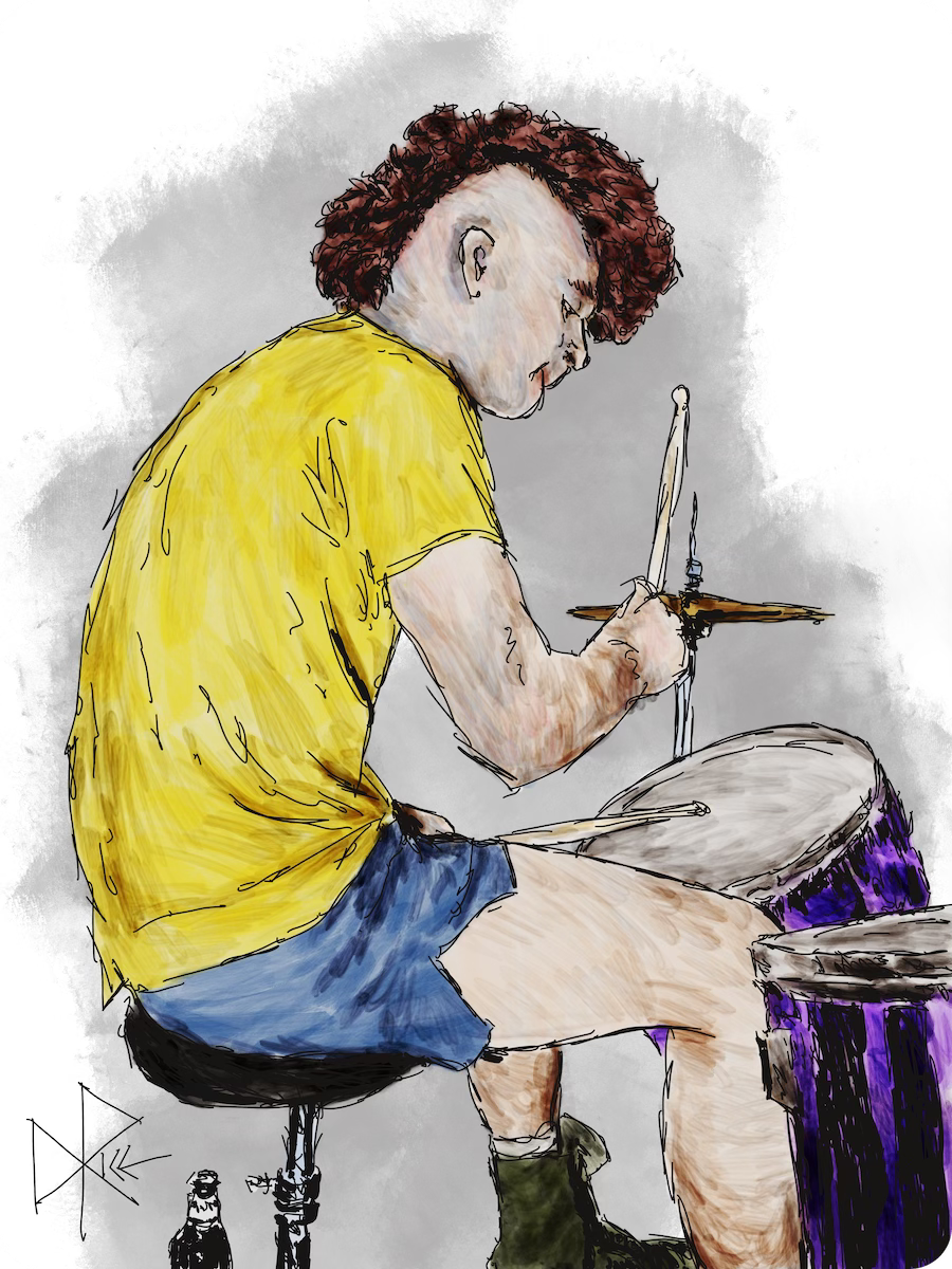 A drummer beats out the rhythm, mohawk bouncing with the bobbing of his head. A beer bottle rests near his feet. Sketch art by Don Rice.