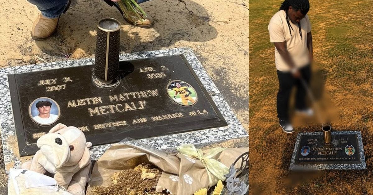 A person tends to a grave marker for Austin Matthew Metcalf, featuring photos and flowers, honoring his memory and legacy.