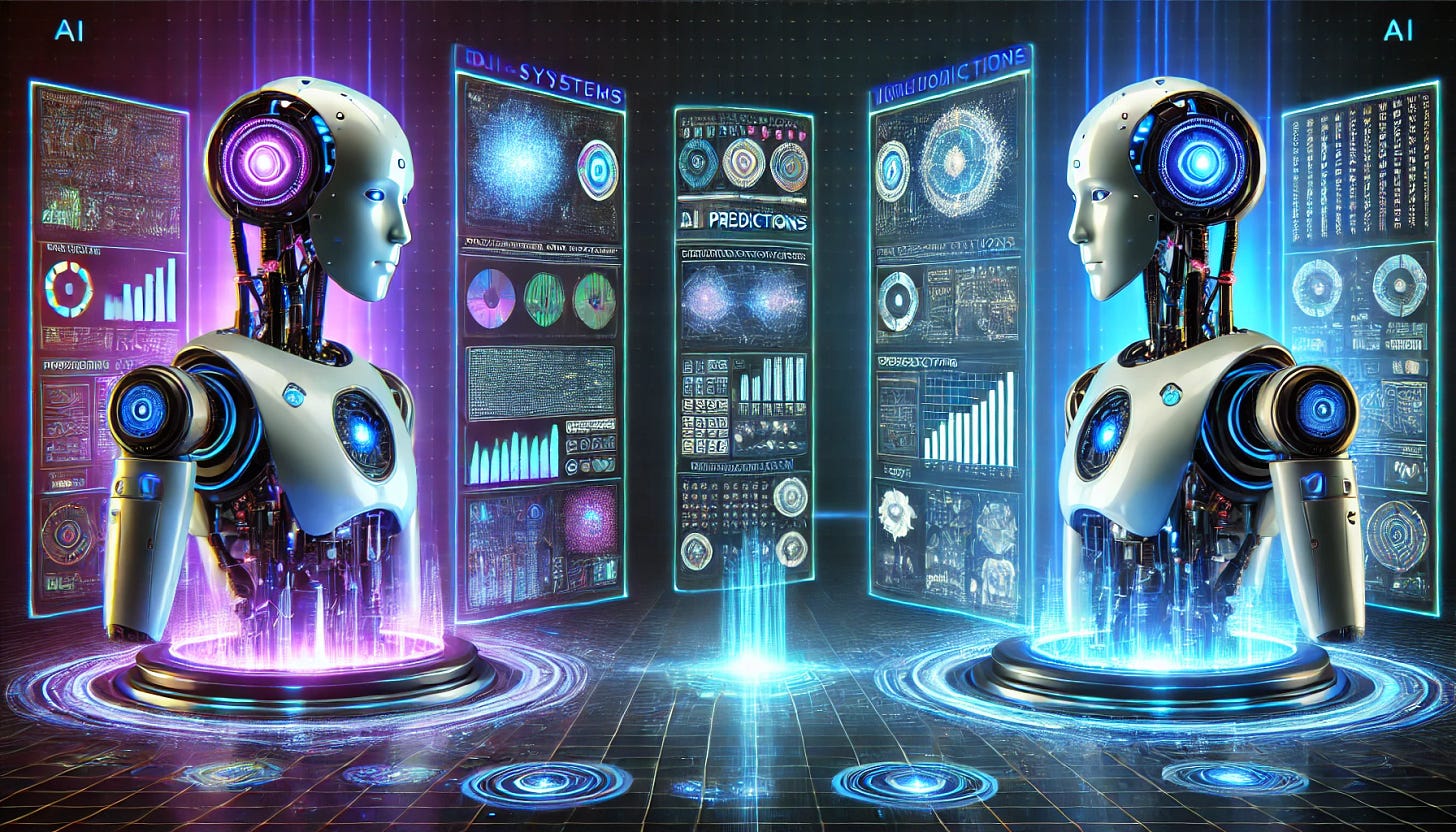 Two AI systems represented as futuristic machines or robots, positioned on opposite sides of the image, facing each other. Each AI system has holographic displays and screens showing complex data and predictions, such as graphs, charts, and mathematical symbols. In the center, there’s a shared digital space where their competing predictions are compared, with a glowing central display highlighting the winning predictions. The background should have a high-tech, digital atmosphere with a mix of blue, purple, and neon colors, emphasizing the competitive nature of the interaction.