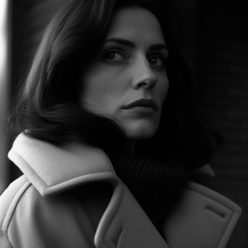 A woman looks anxiously over her shoulder.