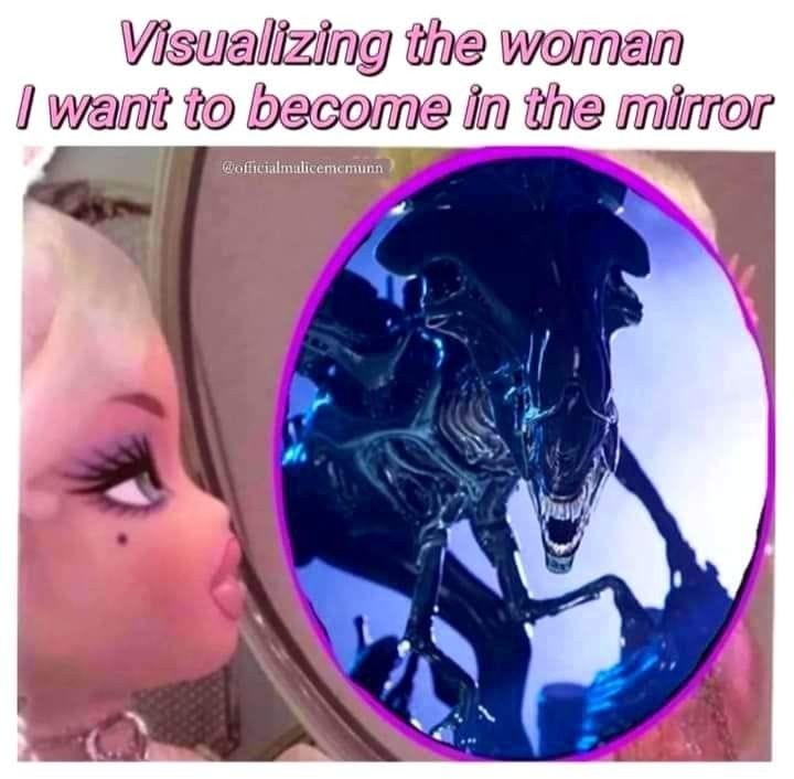 This may contain: a woman looking into a mirror with the caption'visualizing the woman i want to become in the mirror '