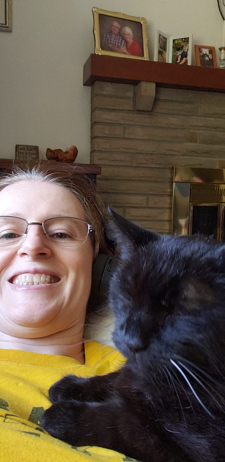 A black cat cuddles a woman on a couch (left) and snuggles her in bed (right).