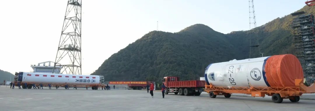 The Long March 2D Y95 vehicle’s first and second stages being transported to Launch Complex 3 in March 2026.