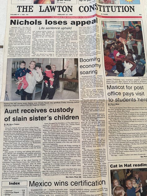 Mc Nelly Torres’ first story after she welcomed Christa and Karina Noack at the Lawton Airport in February 1999 and last story after the Noacks received custody of Andrea Britt Young’s children. The stories narrate how mother and daughter traveled from Germany to Oklahoma to confront the man who killed their loved one and asked the court system to grant custody of the children. Other stories were reports about the preliminary hearing, first-degree murder trial and subsequent conviction. (Mc Nelly Torres | Don’t Forget My Voice)