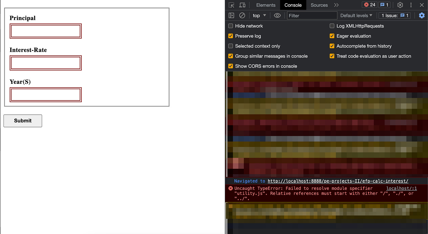 a web browser with the console open showing an error