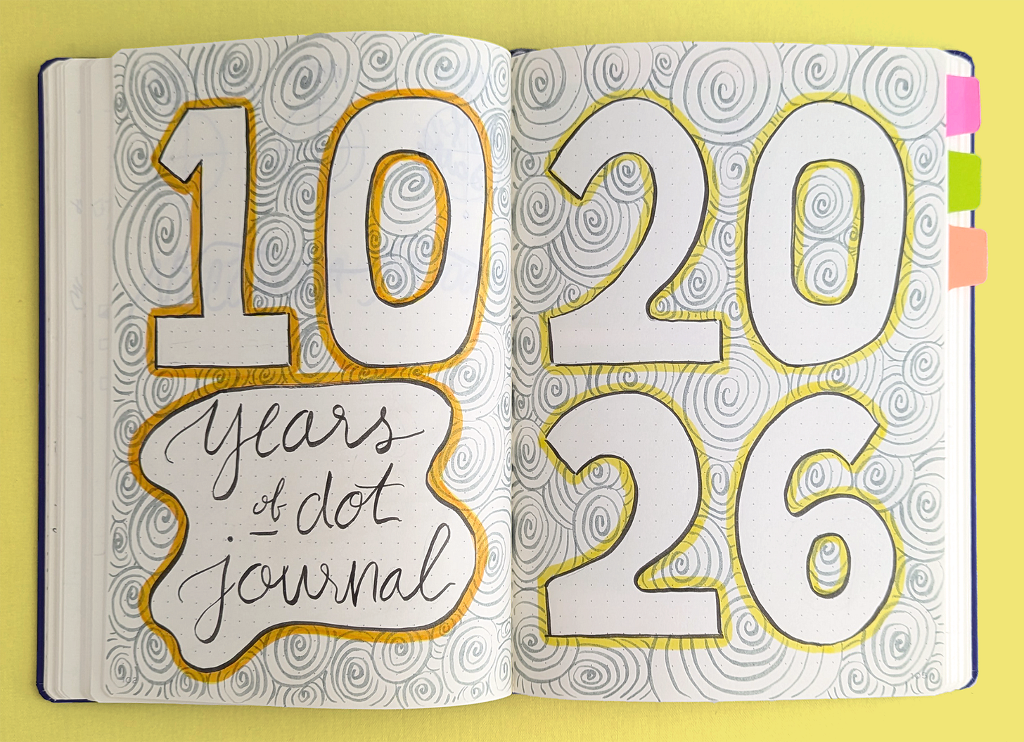 Intro image: Journal spread with pattern drawing and hand drawn words "10 years of dot journal 2026"