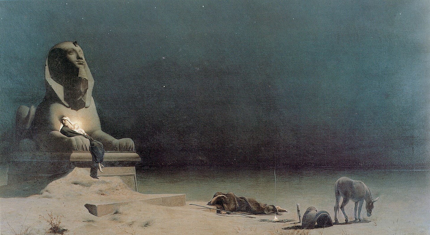 At night in the desert, Mary sleeps with the child in her lap between the paws of a huge stone Sphinx, while Joseph lies by a small fire and a donkey grazes nearby. At night in the desert, Mary sleeps with the child in her lap between the paws of a huge stone Sphinx, while Joseph lies by a small fire and a donkey grazes nearby.