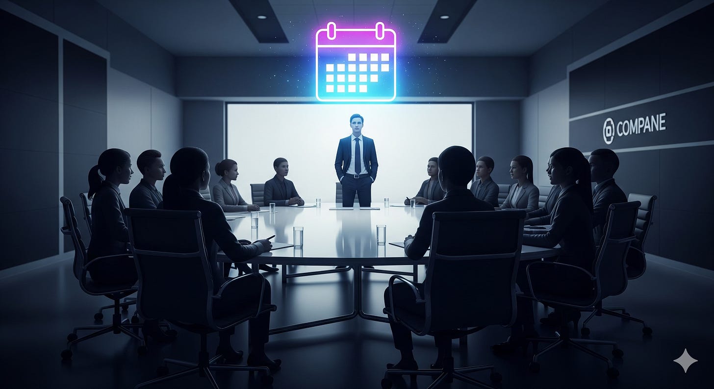 An illustration of a single employee standing confidently in a boardroom, a calendar icon glowing above their head. A group of faceless figures sits at a large, circular table, looking on. An illustration of a single employee standing confidently in a boardroom, a calendar icon glowing above their head. A group of faceless figures sits at a large, circular table, looking on.