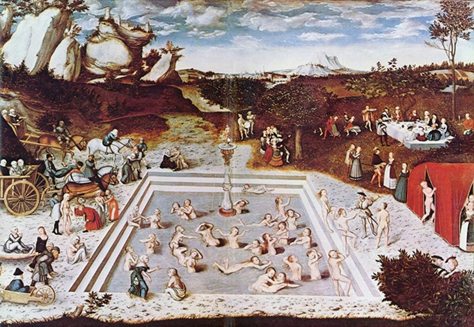 The Fountain of Youth, by Lucas Cranach the Elder, 1546. On the left, the elderly and infirm are brought to the fountain. They enter the curative waters, and are rejuvenated. They exit the pool on the right, and rejoin life with renewed youth and wellness The Fountain of Youth, by Lucas Cranach the Elder, 1546. On the left, the elderly and infirm are brought to the fountain. They enter the curative waters, and are rejuvenated. They exit the pool on the right, and rejoin life with renewed youth and wellness