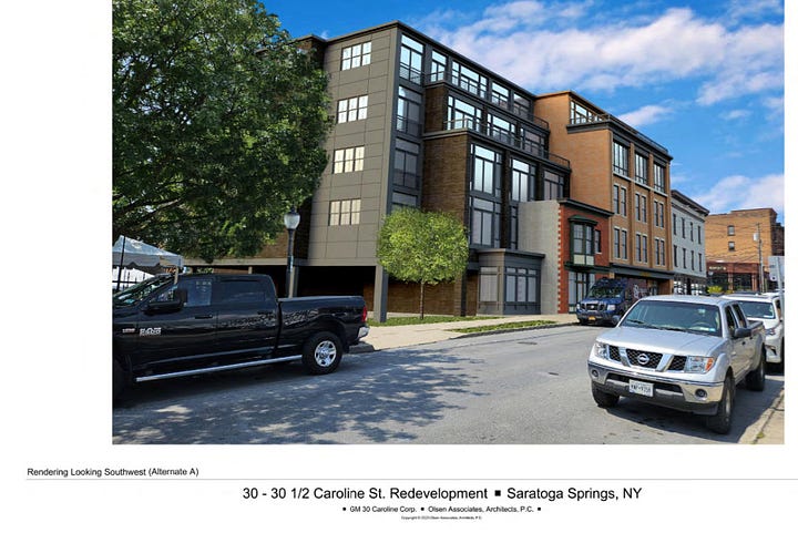 Two pictures of a planned mixed use building on Caroline Street in downtown Saratoga Springs.
