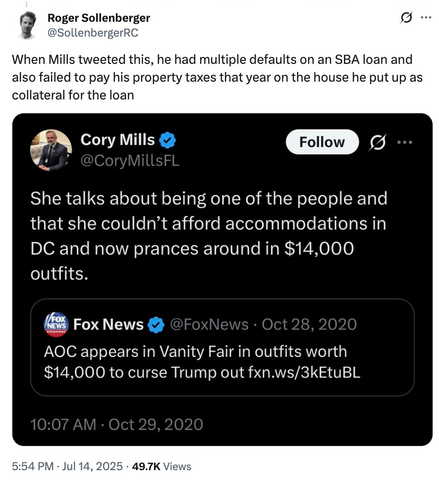 When Mills tweeted this, he had multiple defaults on an SBA loan and also failed to pay his property taxes that year on the house he put up as collateral for the loan