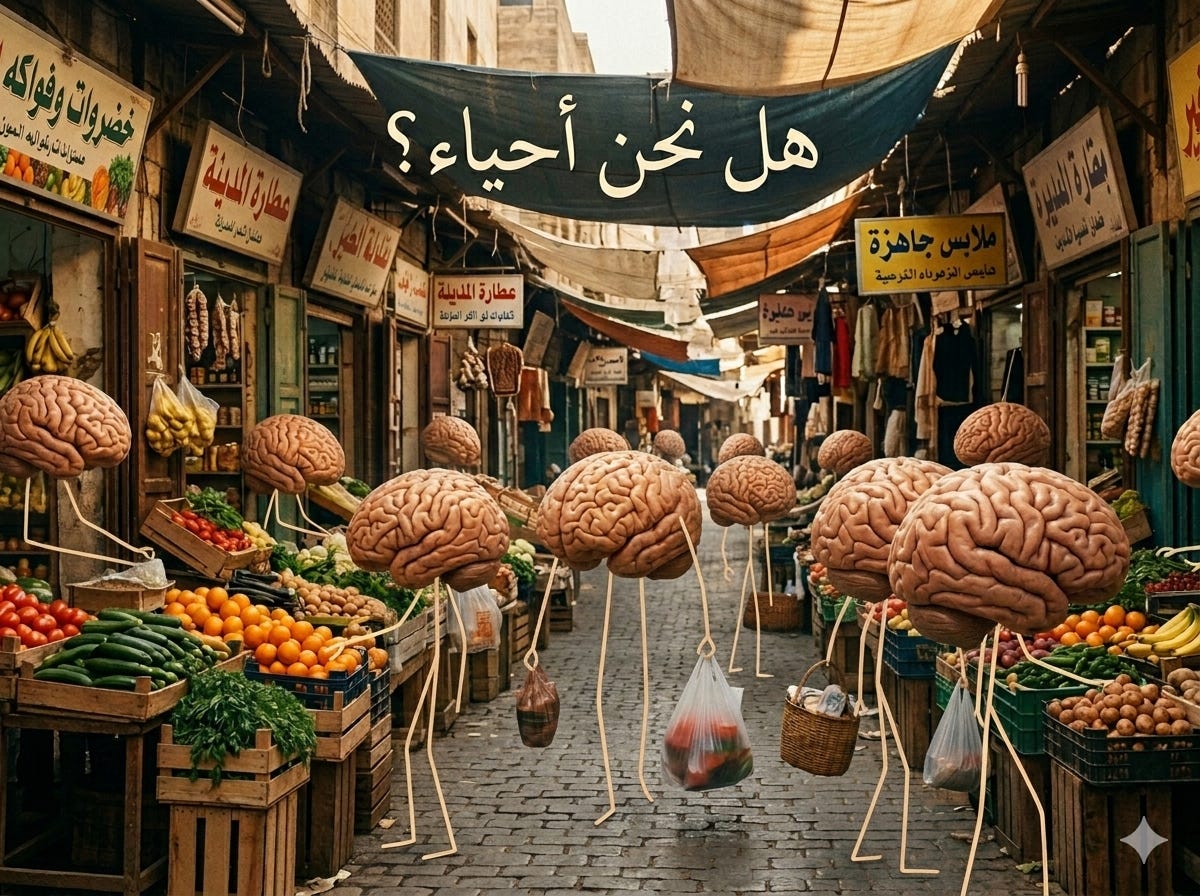 صورة سريالية واقعية لزقاق سوق عربي قديم ومزدحم، حيث تم استبدال جميع البشر بشخصيات مجسمة غريبة تتكون من أدمغة بشرية واقعية ضخمة ومفصلة على أطراف بلاستيكية بسيطة تشبه المفاصل. في المقدمة، تسير عدة "أدمغة" وتحمل أكياس تسوق بلاستيكية وسلال خوص. على اليسار، يقف 'دماغ' خلف أكوام من الفواكه والخضروات الطازجة. تتدلى لافتة قماشية داكنة (زرقاء مخضرة) عبر الزقاق تحمل بوضوح النص العربي الأبيض والبارز: "هل نحن أحياء؟". تحيط بها واجهات محلات خشبية قديمة مع لافتات عربية أخرى (مثل "عطارة المدينة" و"ملابس جاهزة") ومظلات قماشية ملونة تحت ضوء النهار الدافئ. تمتلئ العربات والصناديق بالمنتجات الطازجة الملونة.