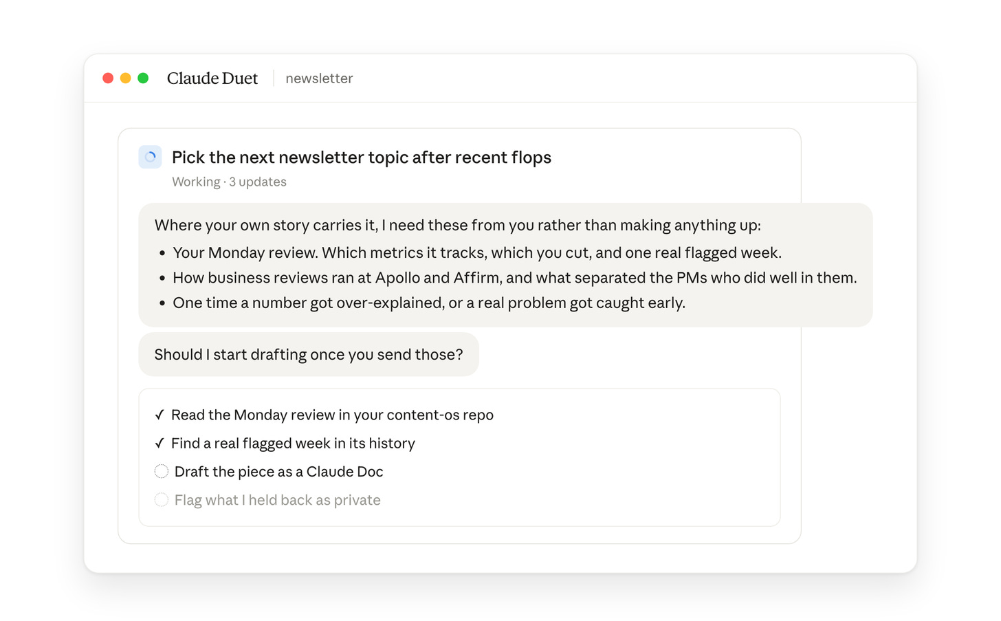 A Duet task card open, with its checklist A Duet task card open, with its checklist