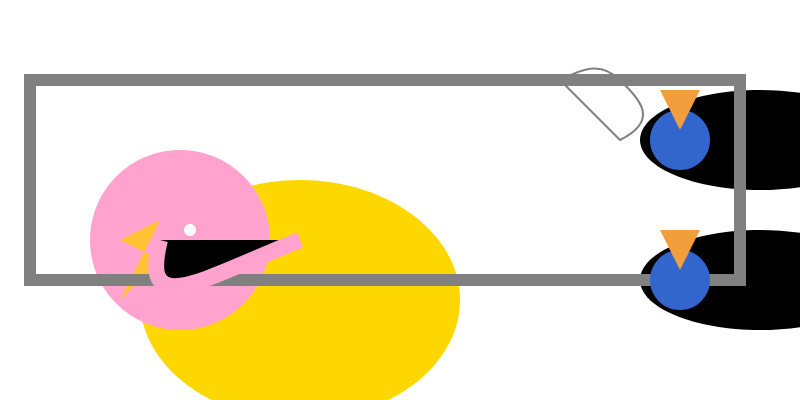 A pink circle ovenrlaps a yellow oval, with a grey thick lined rectangle cutting thorough both. Two identical blue circles on the right have orange triangular elements and black ovals, a fair distance from the bit that might represent the pelican - it's very hard to tell.