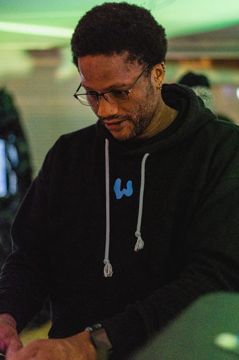 Images of performances in gallery space with artists using various types of sound and projection equipment  