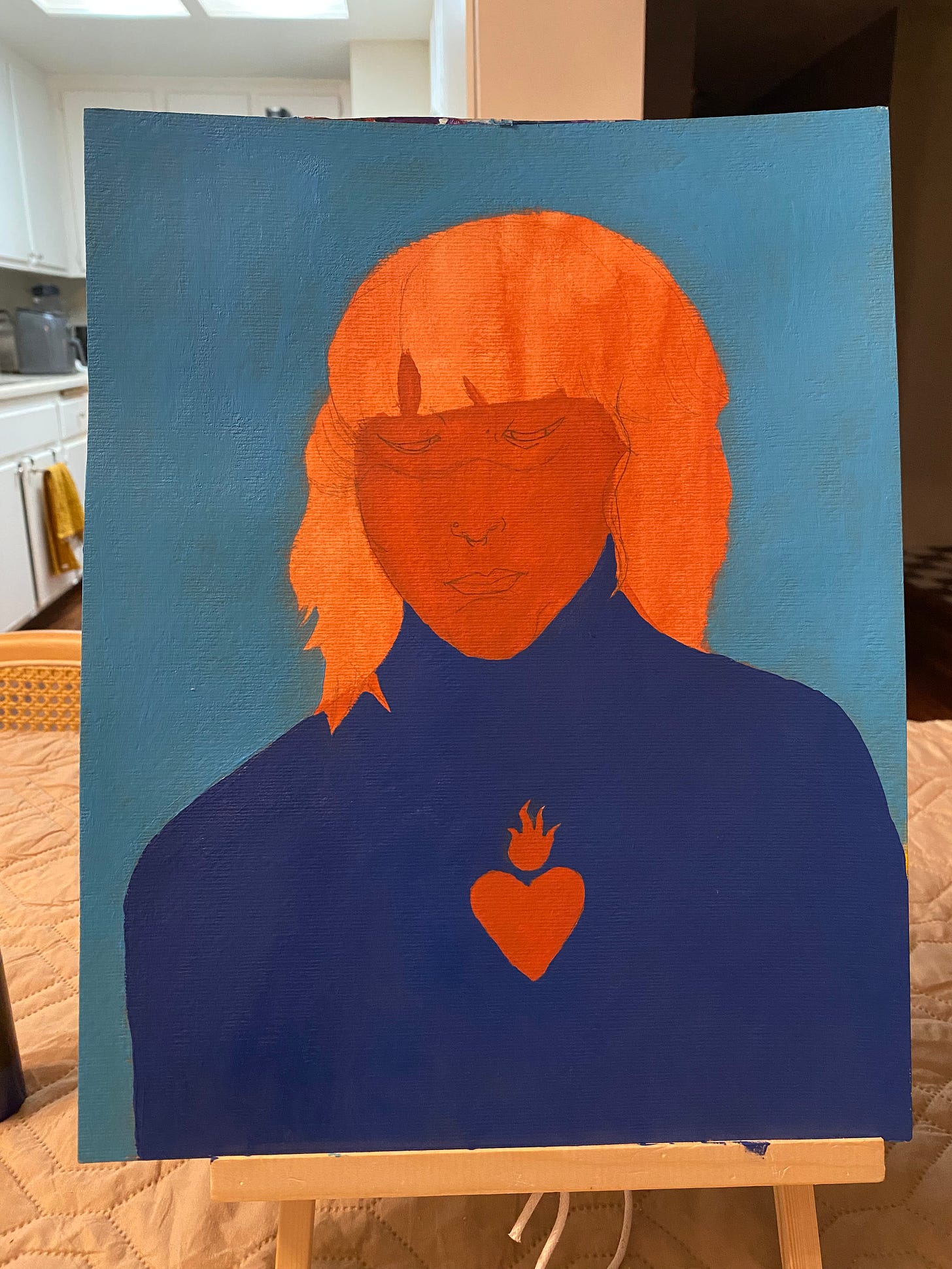 the same piece, now my bust is painted a dark blue. My face, hair and sacred hard tattoo work in stark contrast with their burnt Sienna wash