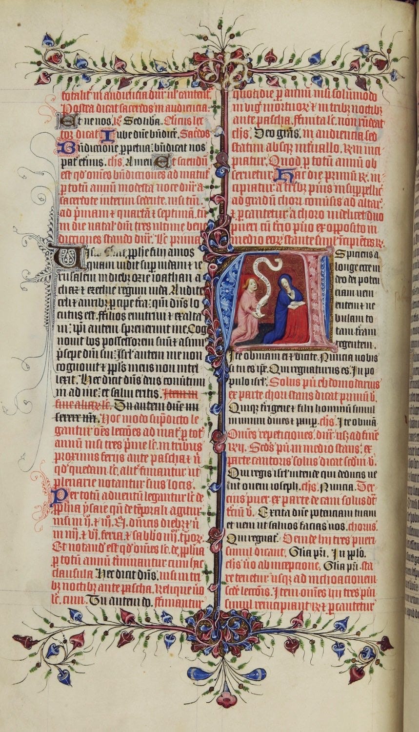 Image: Advent from the Chicheley Breviary with a decorated initial showing the Annunciation. [MS69 f.4v.]. Lambeth Palace Library.