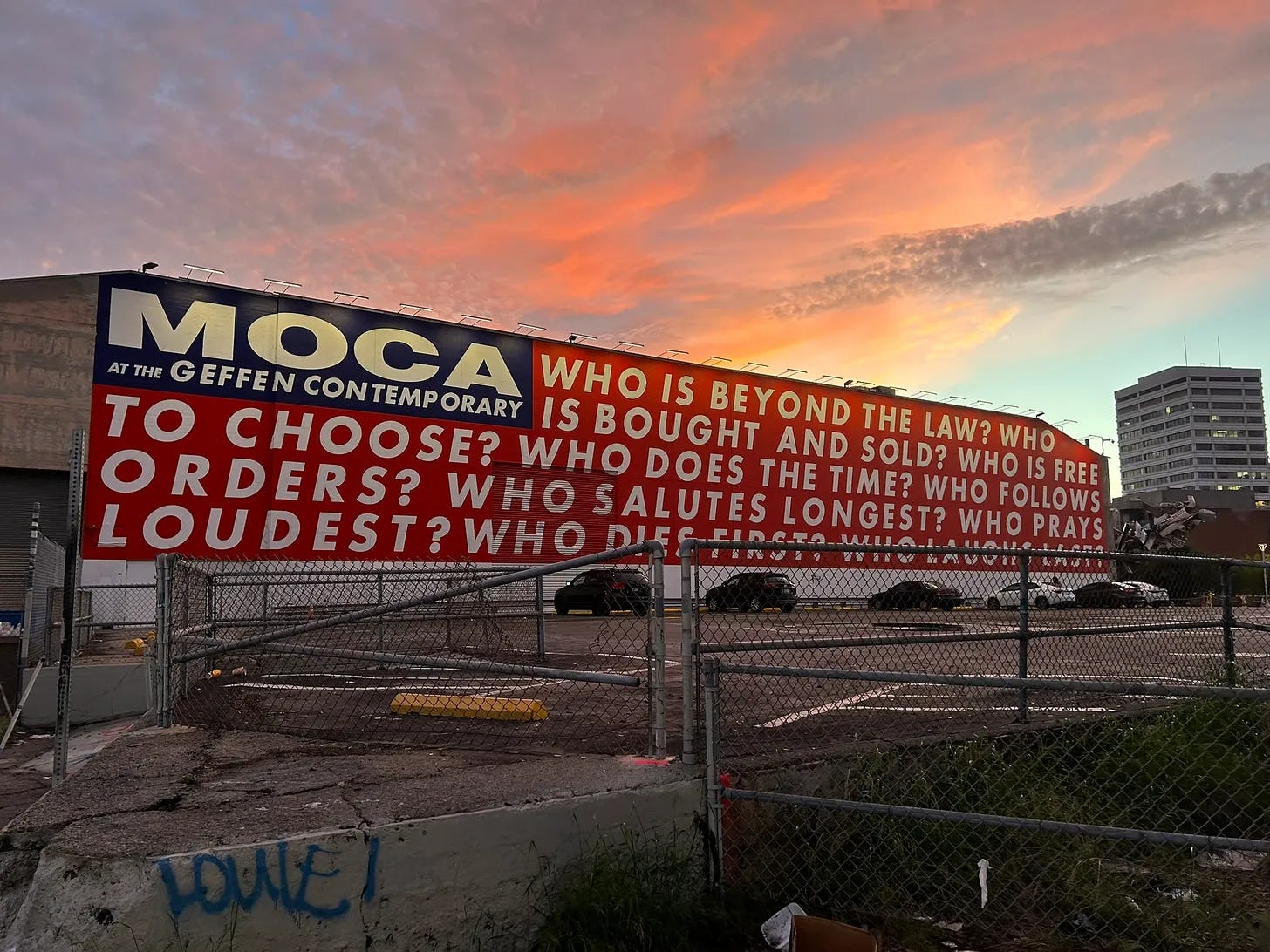 Photo of Barbara Kruger mural on the side of the MOCA at the Geffen Contemporary in Los Angeles. Credit: Jim Miller Photo of Barbara Kruger mural on the side of the MOCA at the Geffen Contemporary in Los Angeles. Credit: Jim Miller