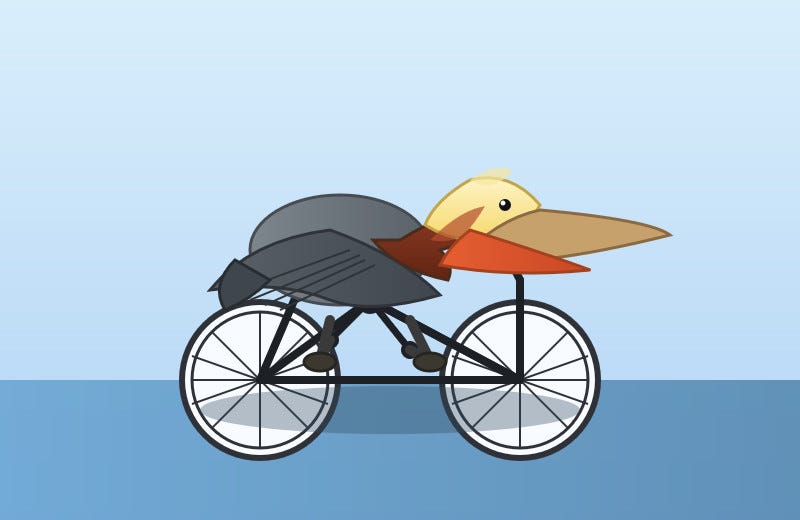 A stylized dark gray bird with layered wings, a yellow head crest, and a long brown beak leans forward in a racing pose on a black-framed bicycle, riding across a glossy blue surface under a pale sky.