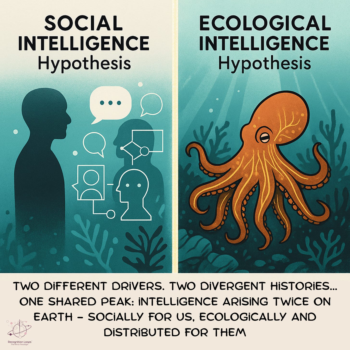 A split-panel digital illustration comparing two paths to intelligence. The left panel depicts human evolution through social complexity, showing silhouettes of early hominins, groups of people interacting, and neural networks forming around social bonds. The right panel illustrates octopus evolution through ecological pressure, showing an octopus navigating rocky terrain, shifting colours, and adapting to predators. Both panels converge upward into a shared glowing peak labelled “Intelligence,” representing two divergent histories—social and ecological—leading to the same cognitive height.