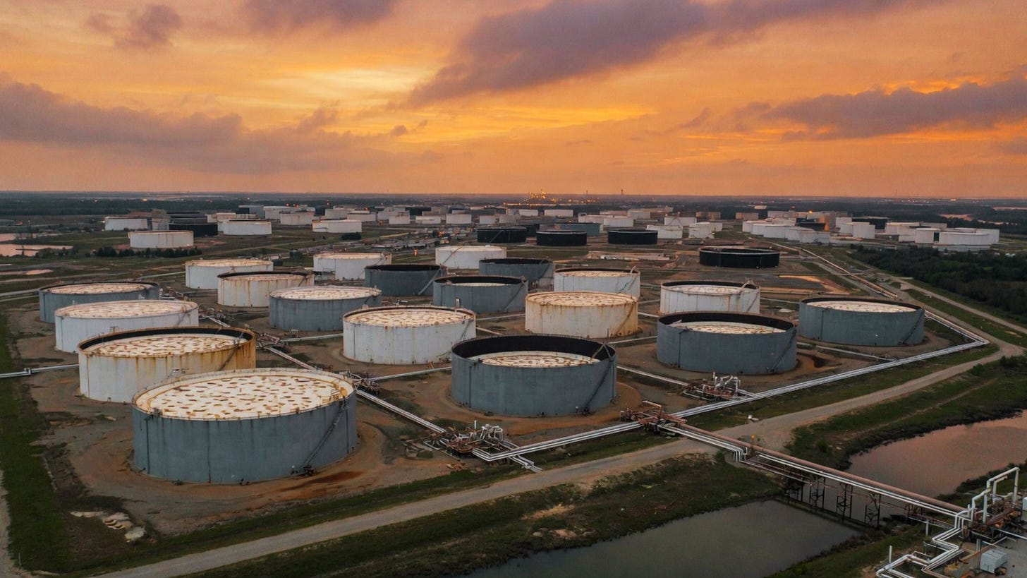 Aerial view of oil storage tanks at petroleum refinery facility during sunset
