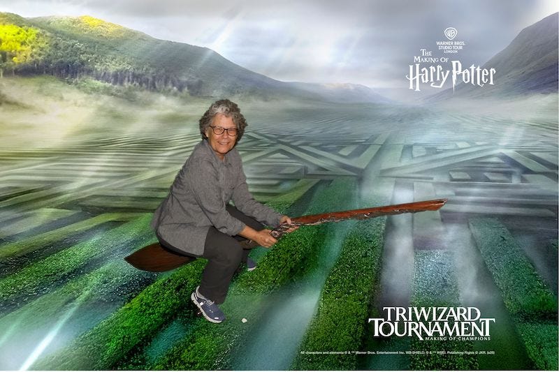 Susan on flying broomstick at the Warner Bros. Studio Tour London