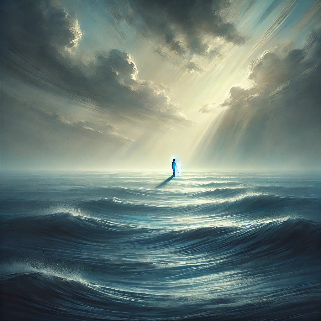 An abstract representation of bereavement: A lone figure standing at the edge of a vast ocean, watching the waves move endlessly. The sky is heavy with soft grays and blues, and a single ray of light pierces through, symbolizing distant hope amid grief. The atmosphere is melancholic yet serene, with no visible heart or objects in the water.