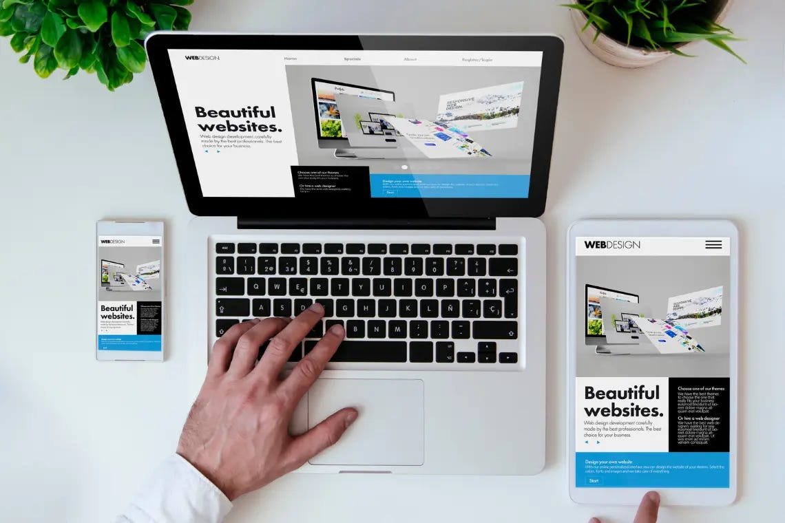 Responsive website preview on laptop, tablet, and smartphone - illustrating a modern high-performing website stack for WordPress speed, security, and SEO.