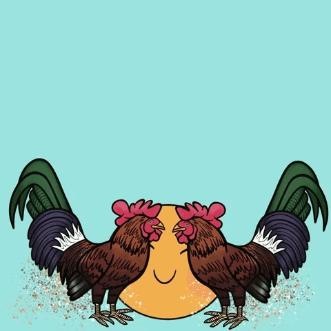 An animated sun rises above two roosters and says good morning An animated sun rises above two roosters and says good morning