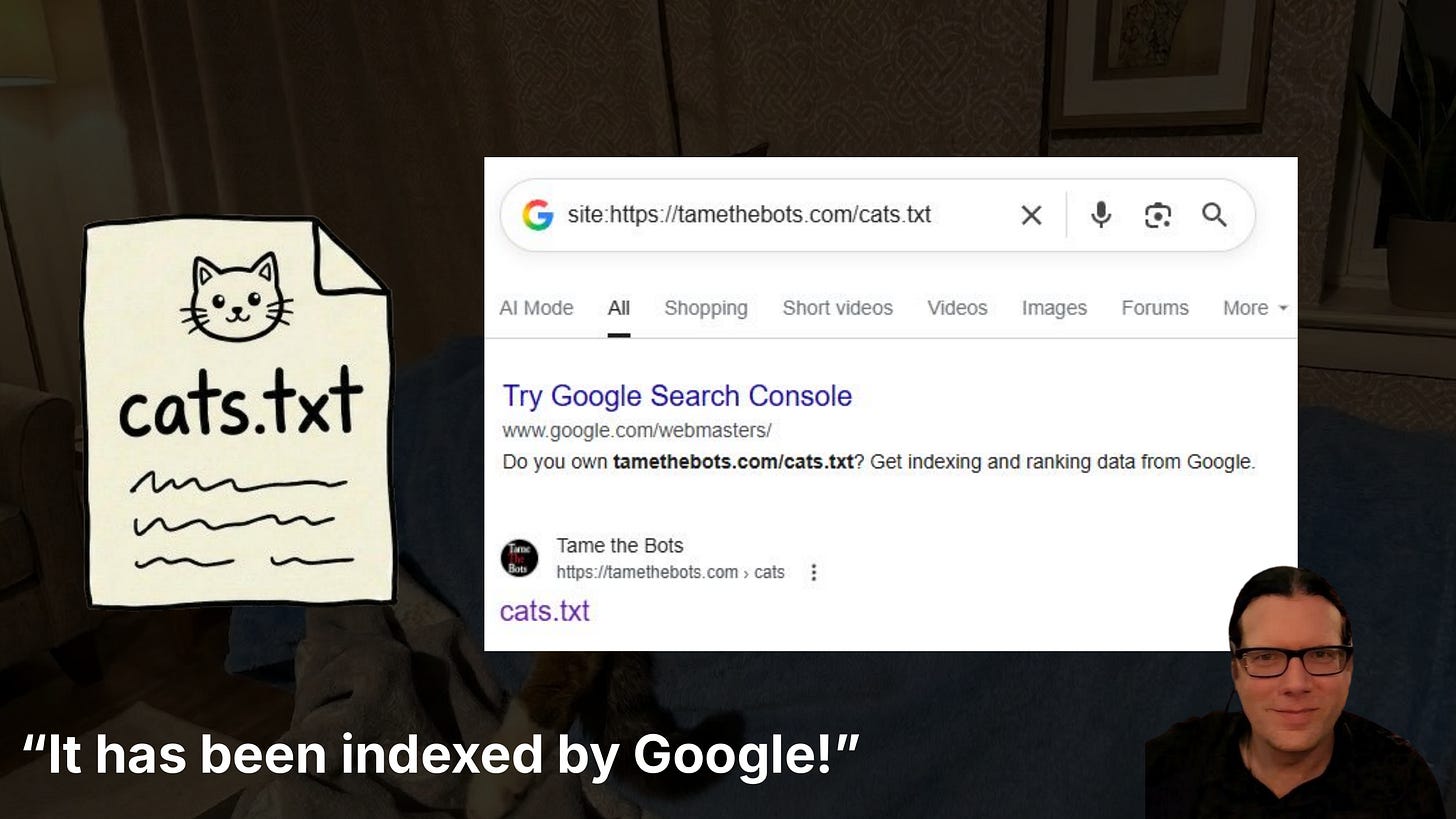 Image 3: Google search query searching for site:[https://tamethebots.com/cats.txt showing an indexed result for cats.txt.