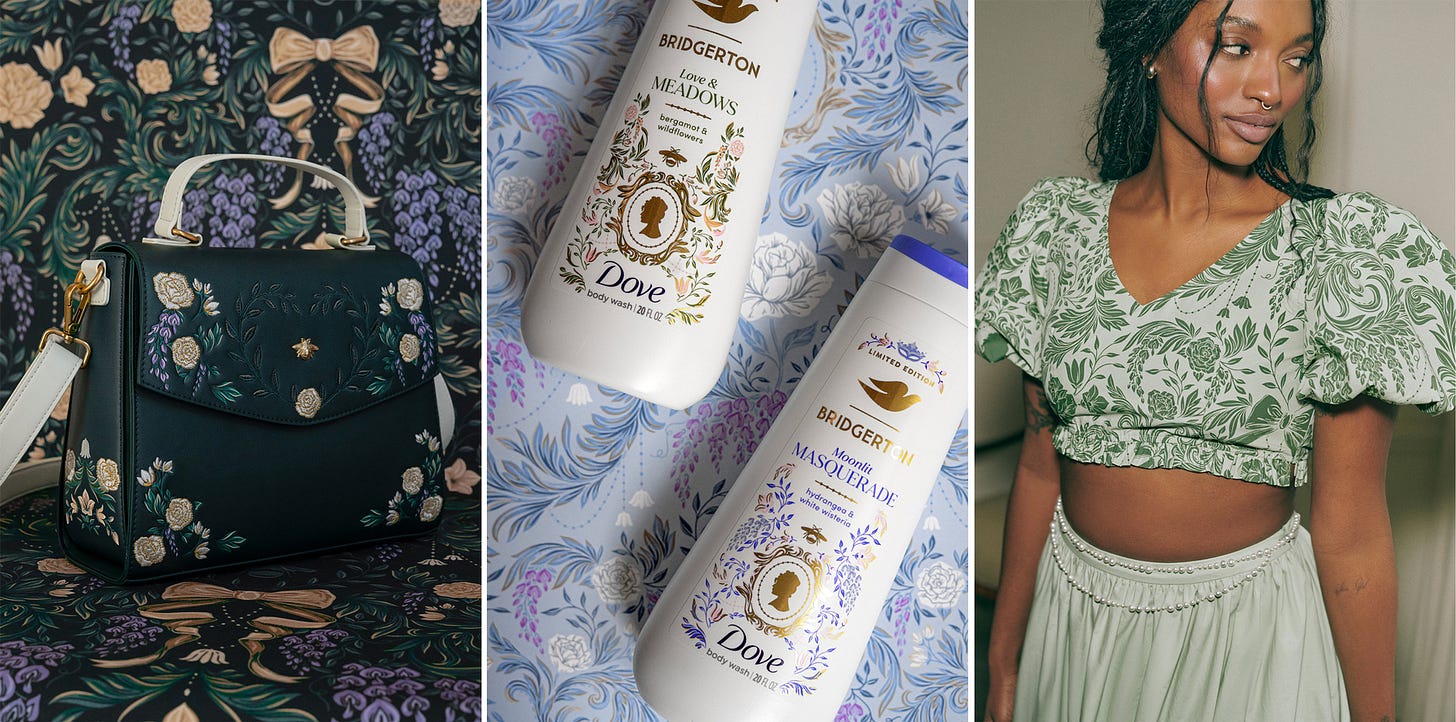 Overview of damask artwork for Bridgerton consumer products and limited edition collaborations, illustrated by Maggie Enterrios for Netflix. Loungefly, Dove and Nuuly featured here with Damask pattern.