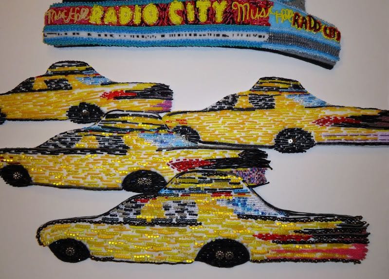 Beaded Yellow NYC taxi cab fiber art New York City mixed media painting Beaded Yellow NYC taxi cab fiber art New York City mixed media painting