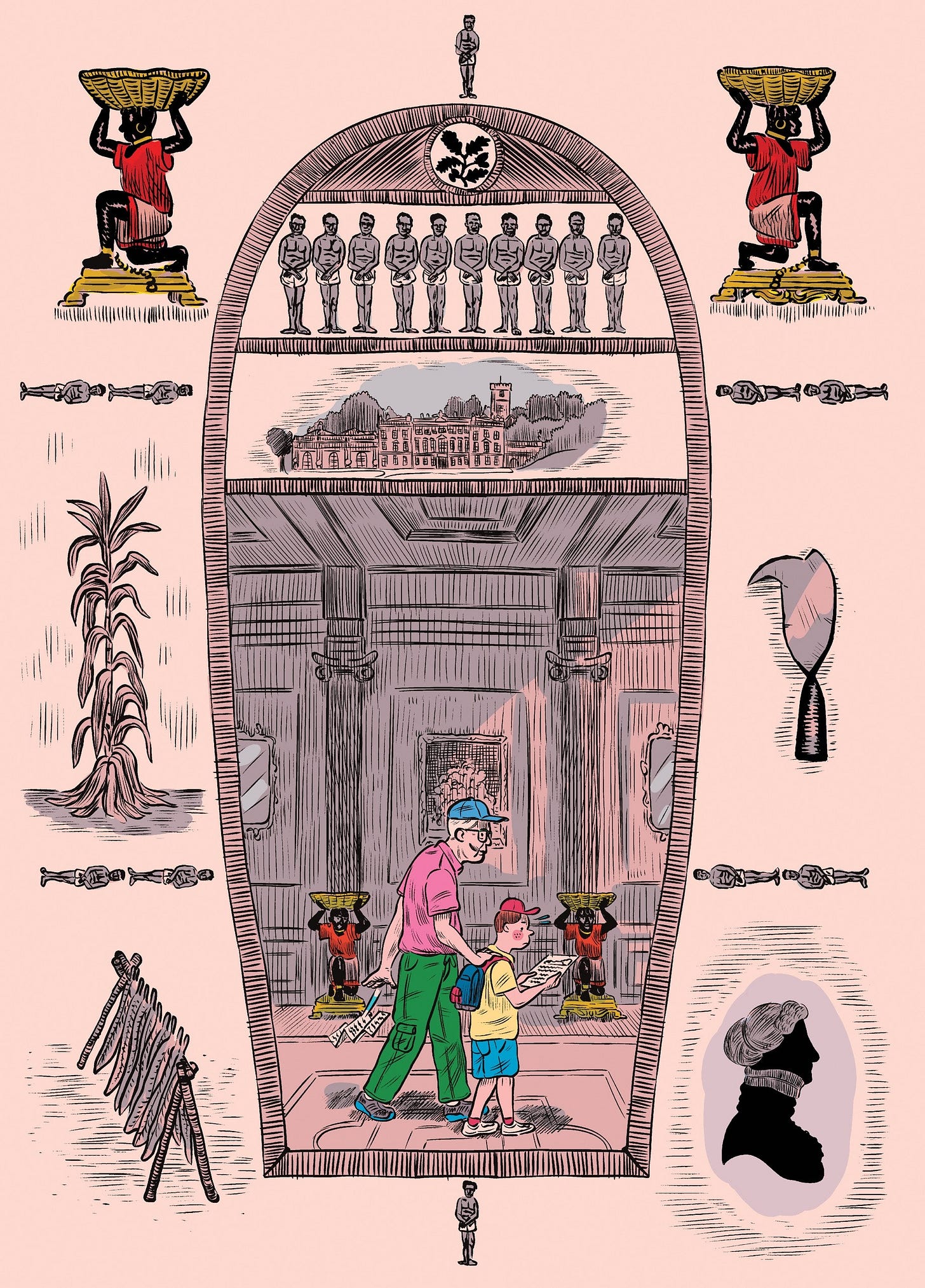 A grandfather and grandson walk through a museum surrounded by artifacts of colonialism