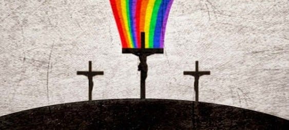 Picture of three crosses with a rainbow.