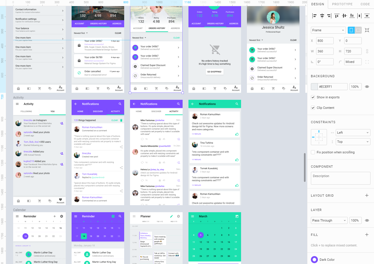 Photo of a figma panel with 13 screens