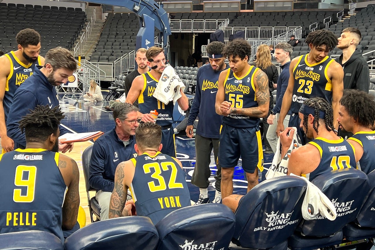 Kendall Brown (No. 10) and the Mad Ants talk during a timeout in their home win over the Maine Celtics on Wednesday. Kendall Brown (No. 10) and the Mad Ants talk during a timeout in their home win over the Maine Celtics on Wednesday.